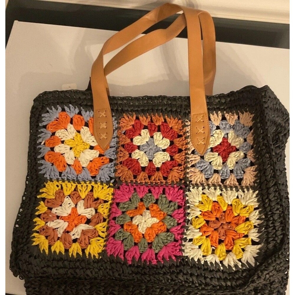 Handwoven Straw Tote Bag Crochet Granny Square